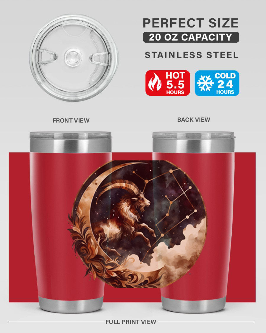 Aries 142# Zodiac Tumbler in stainless steel with a vibrant zodiac design, perfect for hot and cold beverages.