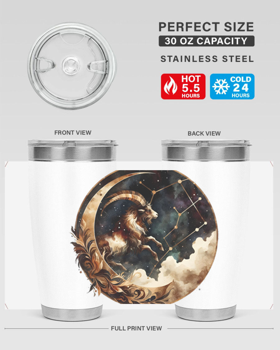 Aries 142# Zodiac Tumbler in stainless steel with a vibrant zodiac design, perfect for hot and cold beverages.