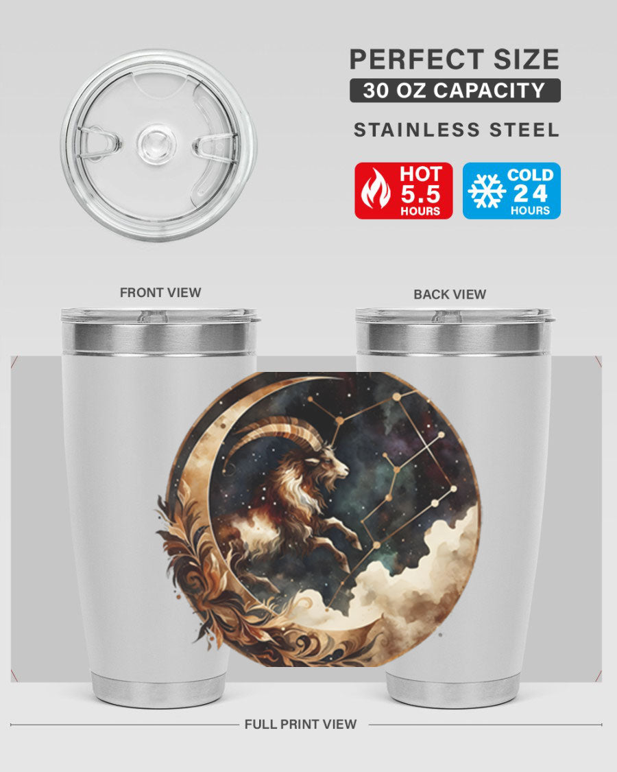Aries 142# Zodiac Tumbler in stainless steel with a vibrant zodiac design, perfect for hot and cold beverages.