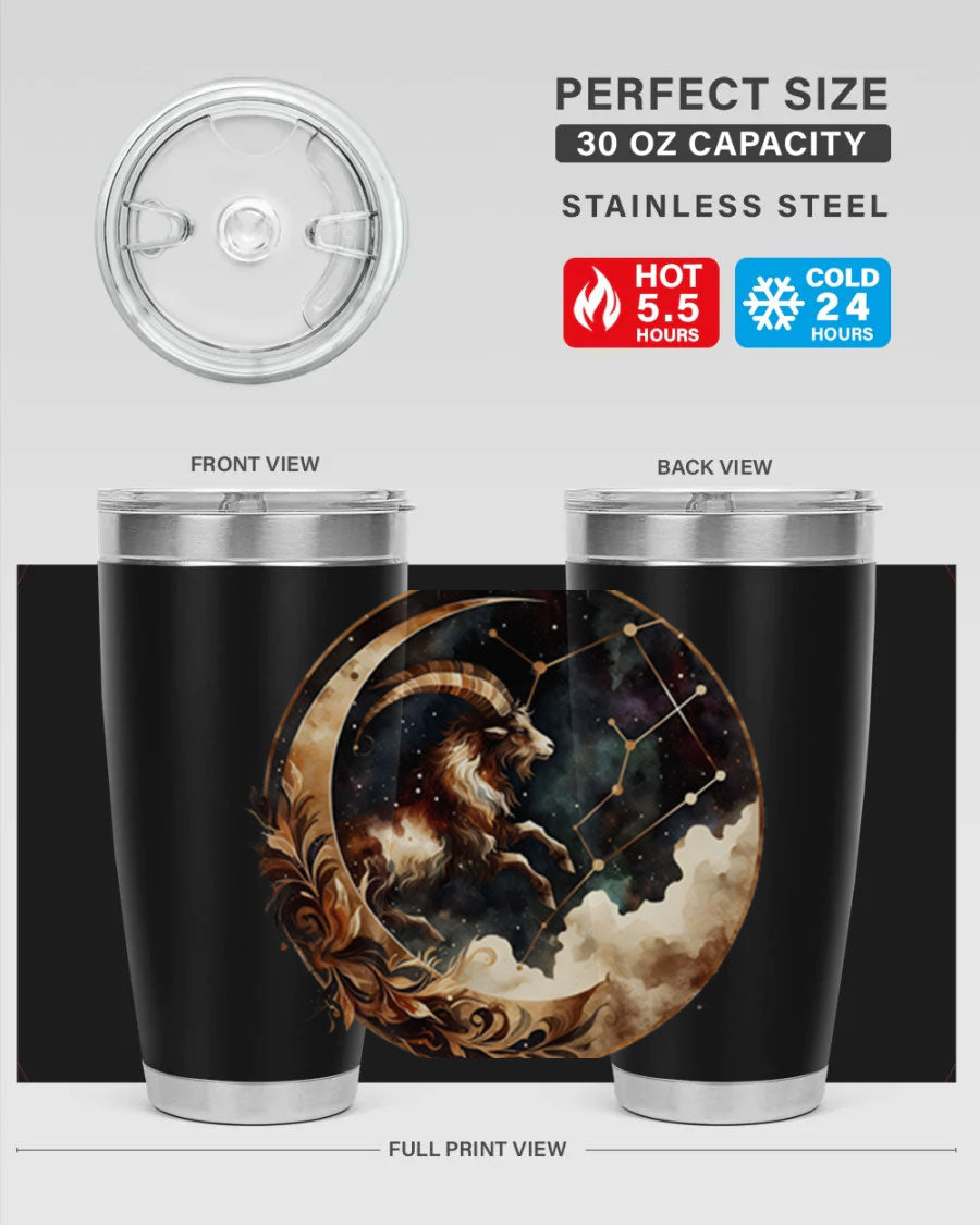 Aries 142# Zodiac Tumbler in stainless steel with a vibrant zodiac design, perfect for hot and cold beverages.