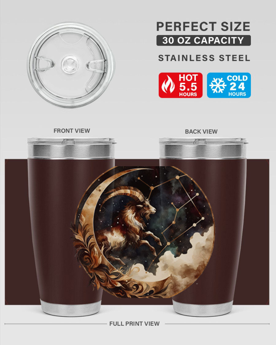 Aries 142# Zodiac Tumbler in stainless steel with a vibrant zodiac design, perfect for hot and cold beverages.