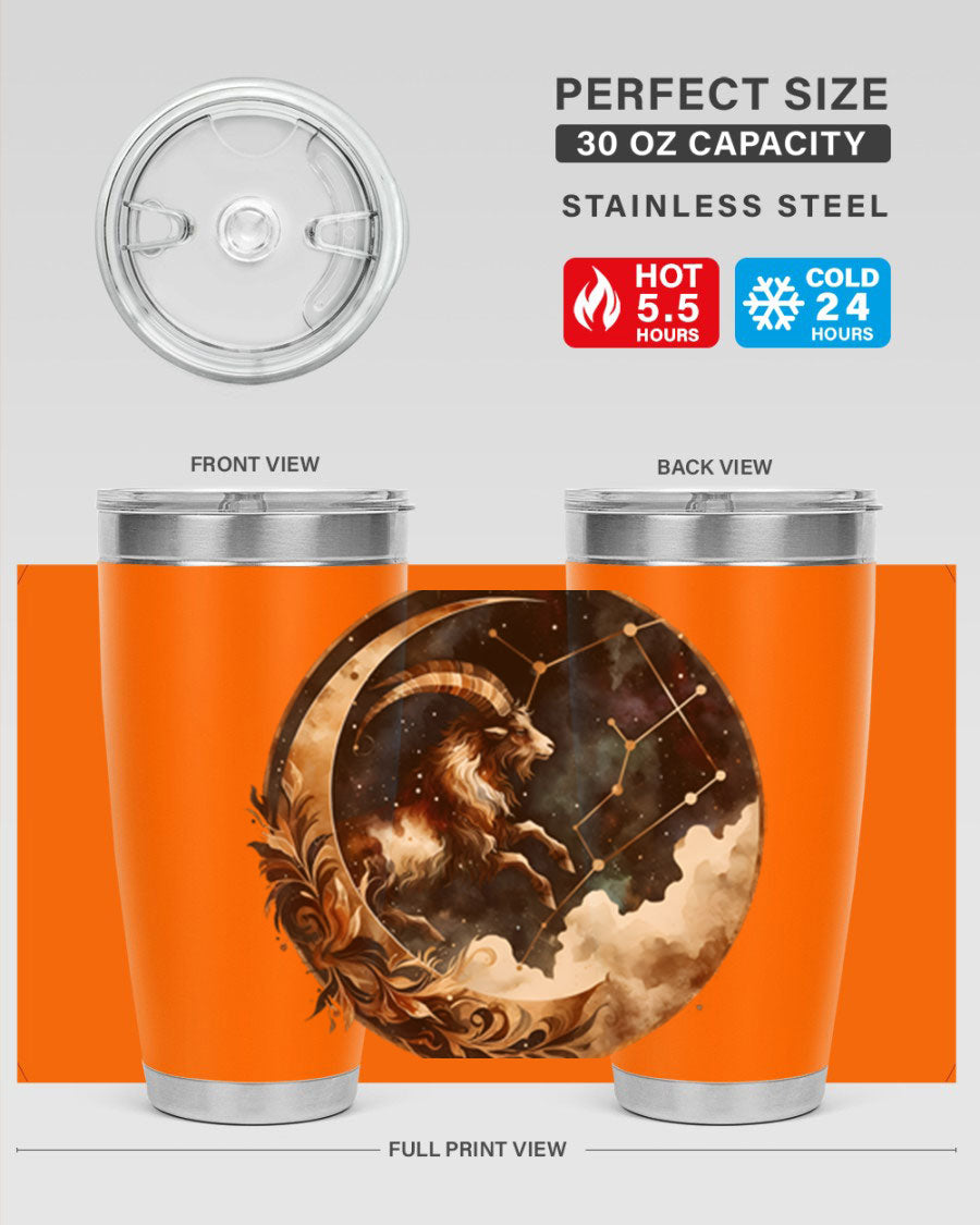 Aries 142# Zodiac Tumbler in stainless steel with a vibrant zodiac design, perfect for hot and cold beverages.