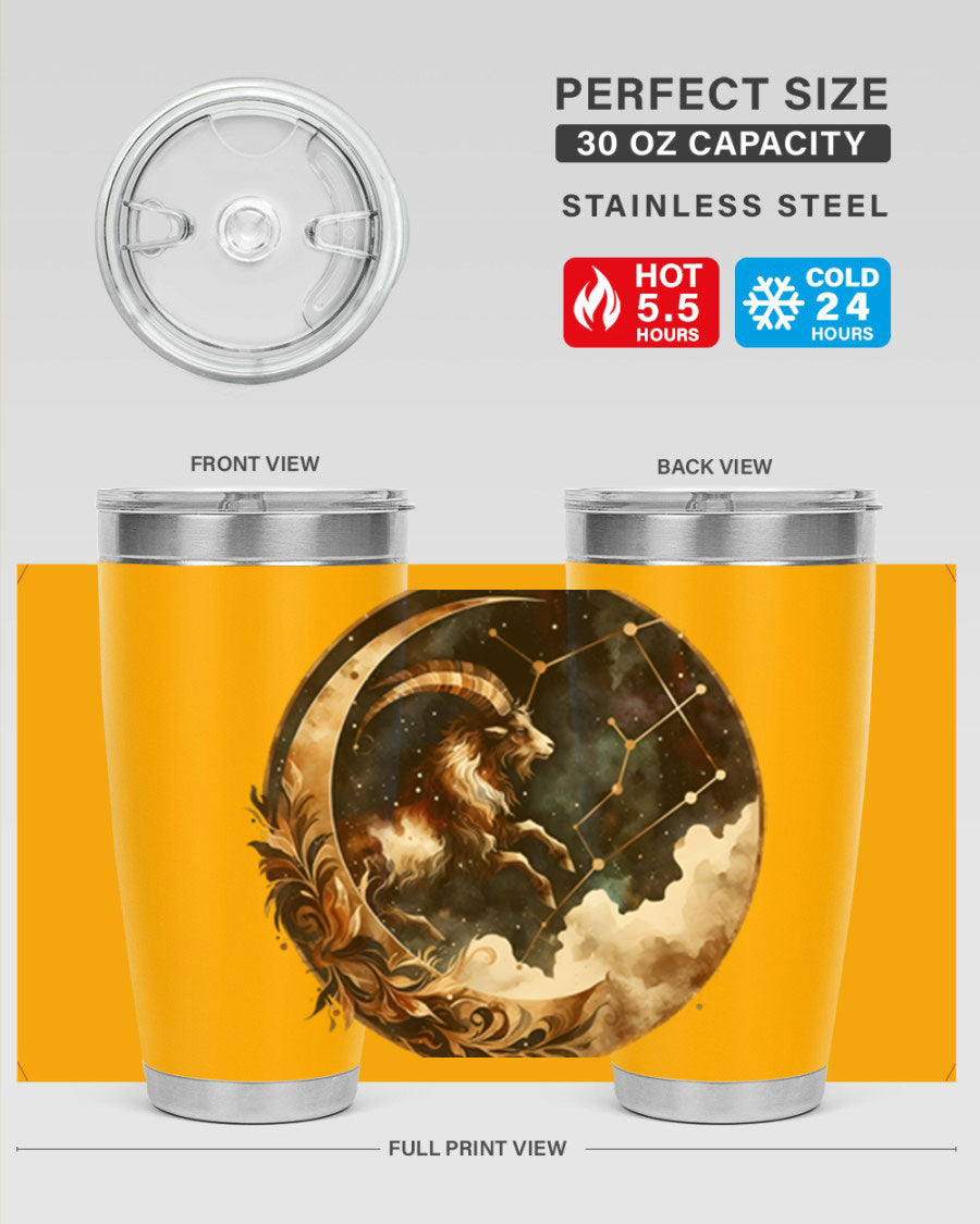 Aries 142# Zodiac Tumbler in stainless steel with a vibrant zodiac design, perfect for hot and cold beverages.