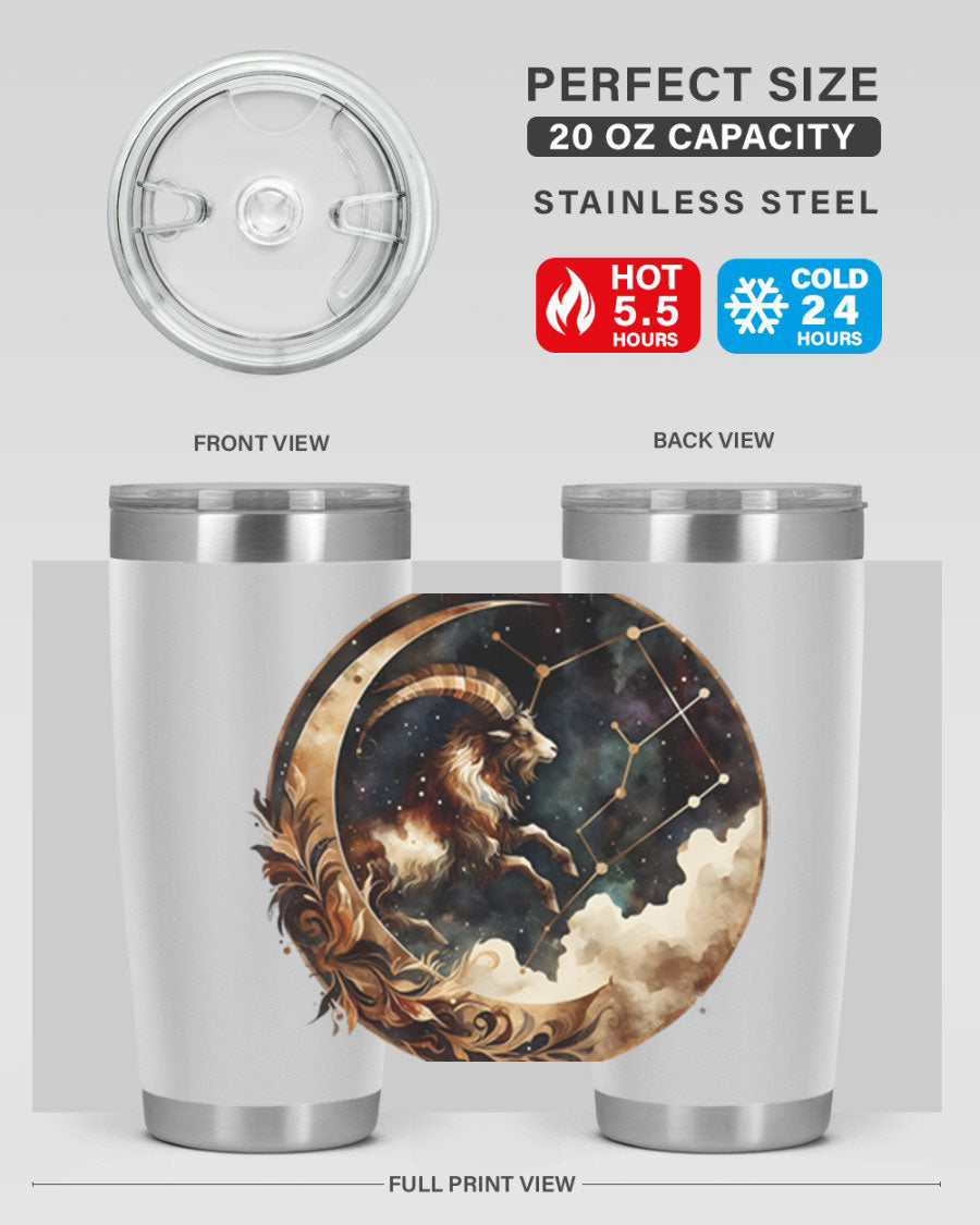 Aries 142# Zodiac Tumbler in stainless steel with a vibrant zodiac design, perfect for hot and cold beverages.
