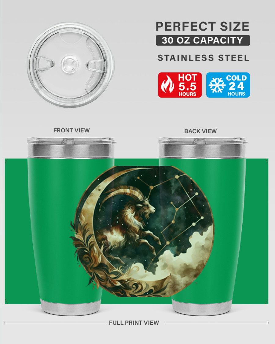 Aries 142# Zodiac Tumbler in stainless steel with a vibrant zodiac design, perfect for hot and cold beverages.