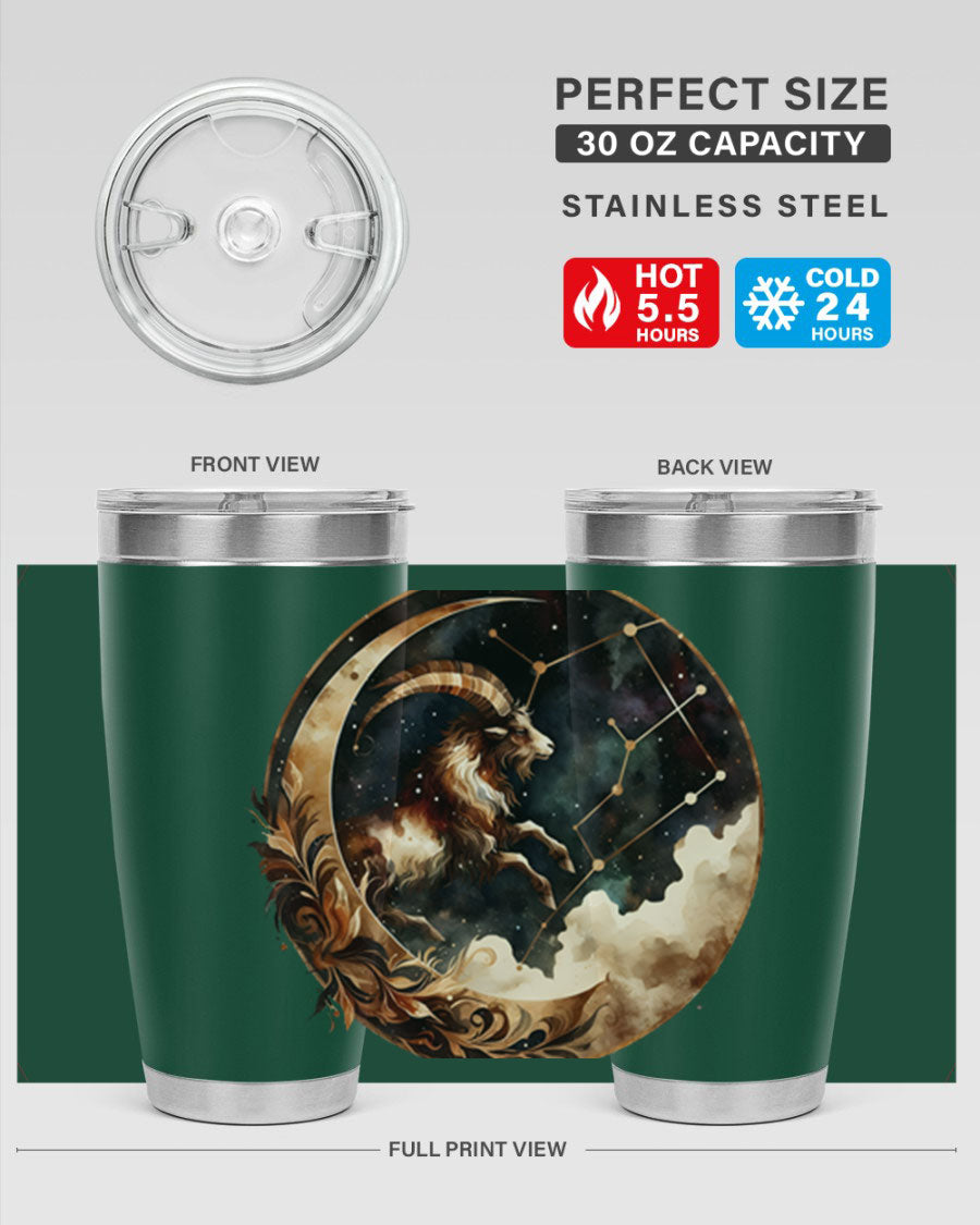 Aries 142# Zodiac Tumbler in stainless steel with a vibrant zodiac design, perfect for hot and cold beverages.