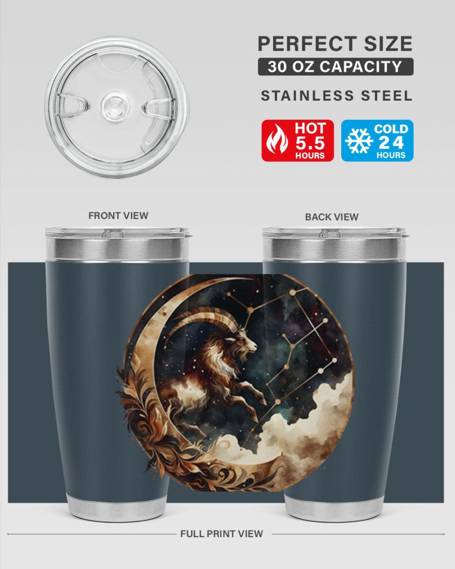 Aries 142# Zodiac Tumbler in stainless steel with a vibrant zodiac design, perfect for hot and cold beverages.