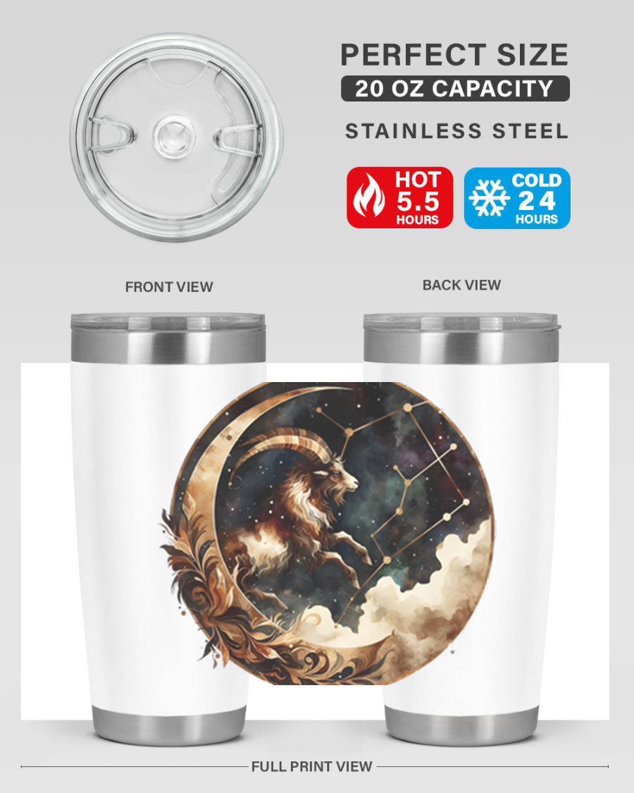 Aries 142# Zodiac Tumbler in stainless steel with a vibrant zodiac design, perfect for hot and cold beverages.