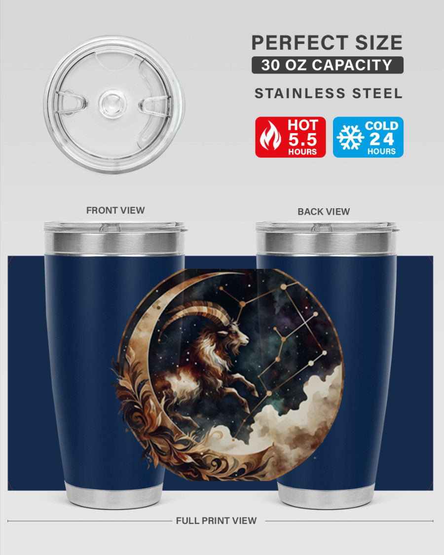 Aries 142# Zodiac Tumbler in stainless steel with a vibrant zodiac design, perfect for hot and cold beverages.