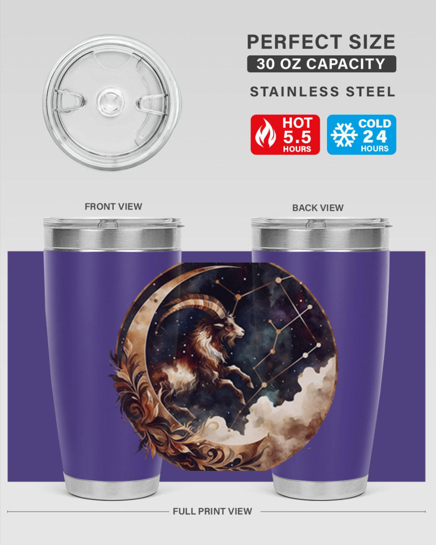 Aries 142# Zodiac Tumbler in stainless steel with a vibrant zodiac design, perfect for hot and cold beverages.