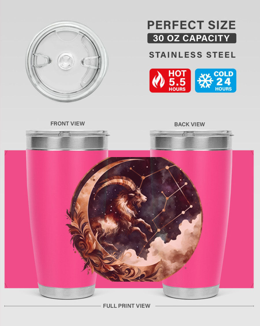 Aries 142# Zodiac Tumbler in stainless steel with a vibrant zodiac design, perfect for hot and cold beverages.