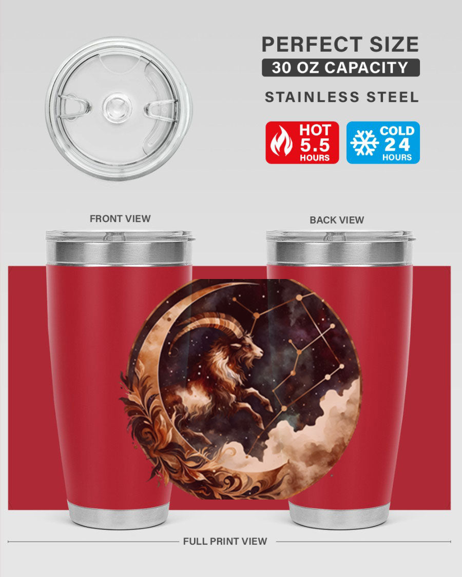 Aries 142# Zodiac Tumbler in stainless steel with a vibrant zodiac design, perfect for hot and cold beverages.