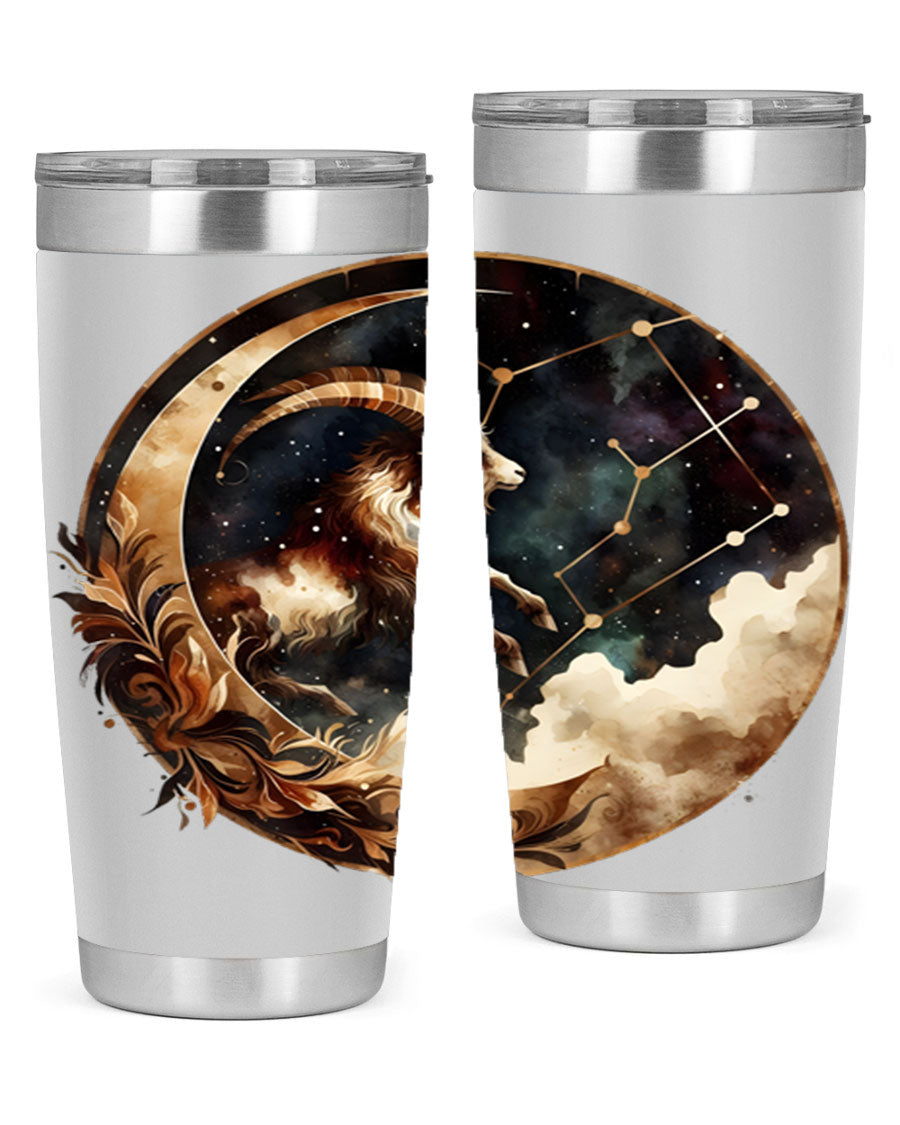 Aries 142# Zodiac Tumbler in stainless steel with a vibrant zodiac design, perfect for hot and cold beverages.