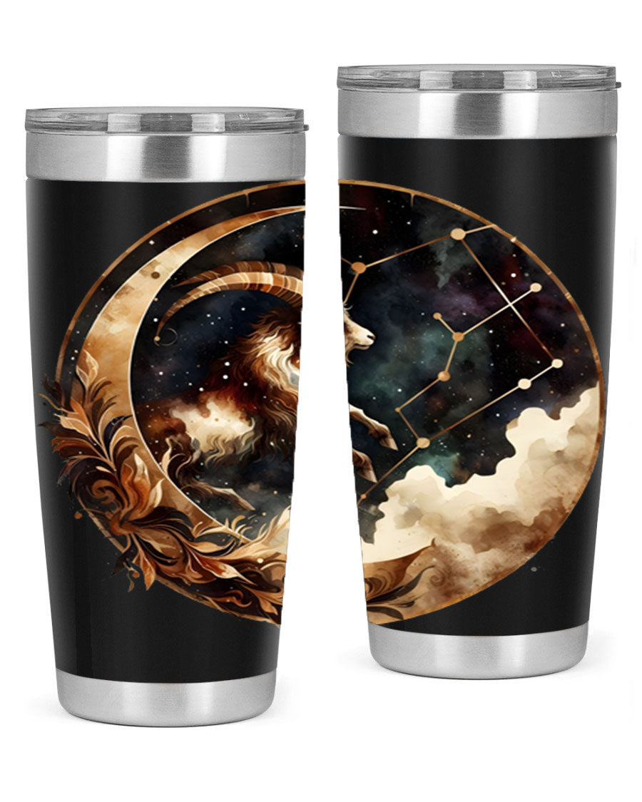 Aries 142# Zodiac Tumbler in stainless steel with a vibrant zodiac design, perfect for hot and cold beverages.