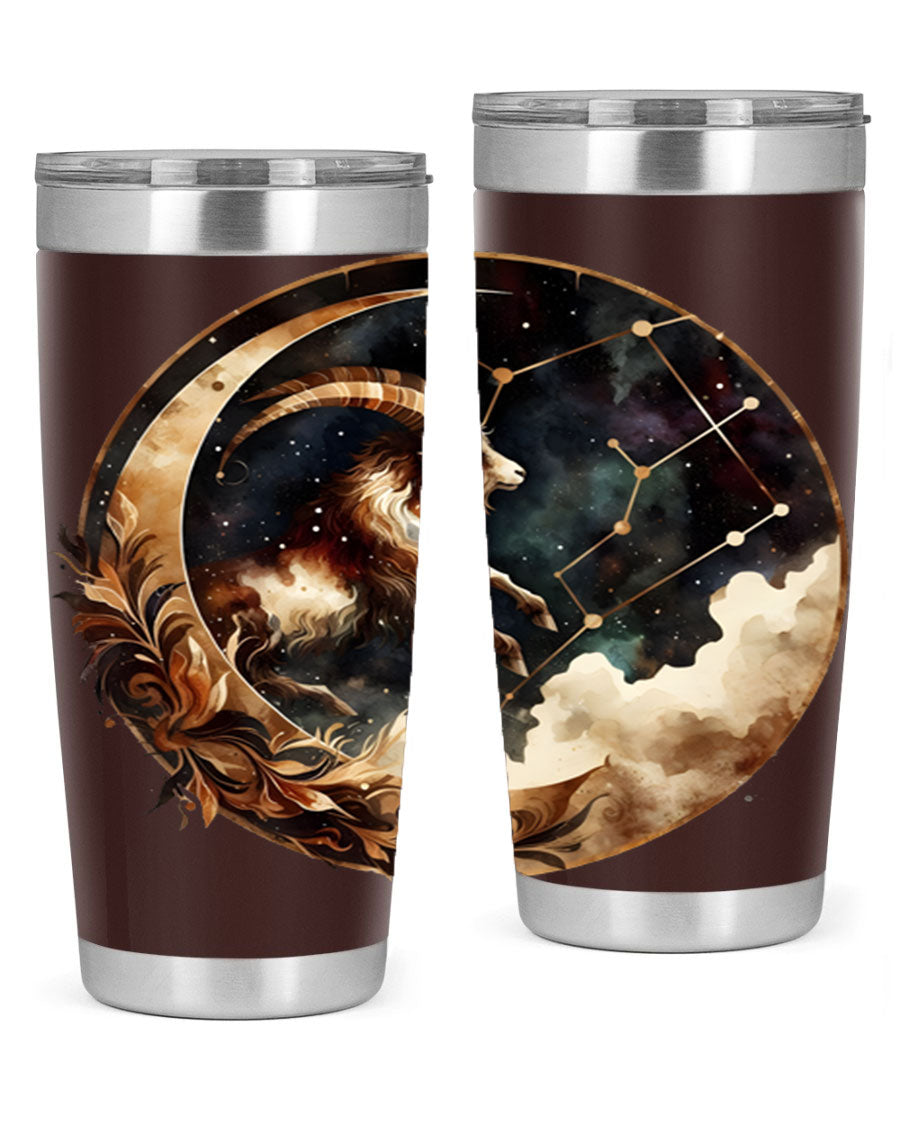 Aries 142# Zodiac Tumbler in stainless steel with a vibrant zodiac design, perfect for hot and cold beverages.
