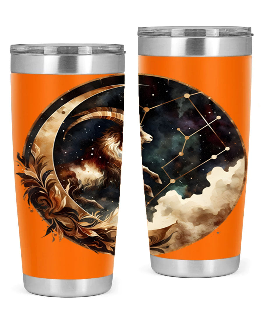 Aries 142# Zodiac Tumbler in stainless steel with a vibrant zodiac design, perfect for hot and cold beverages.