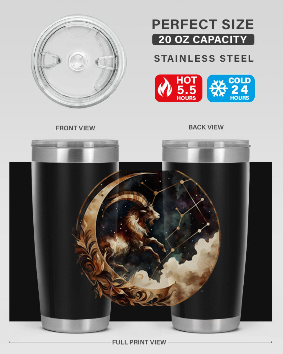Aries 142# Zodiac Tumbler in stainless steel with a vibrant zodiac design, perfect for hot and cold beverages.