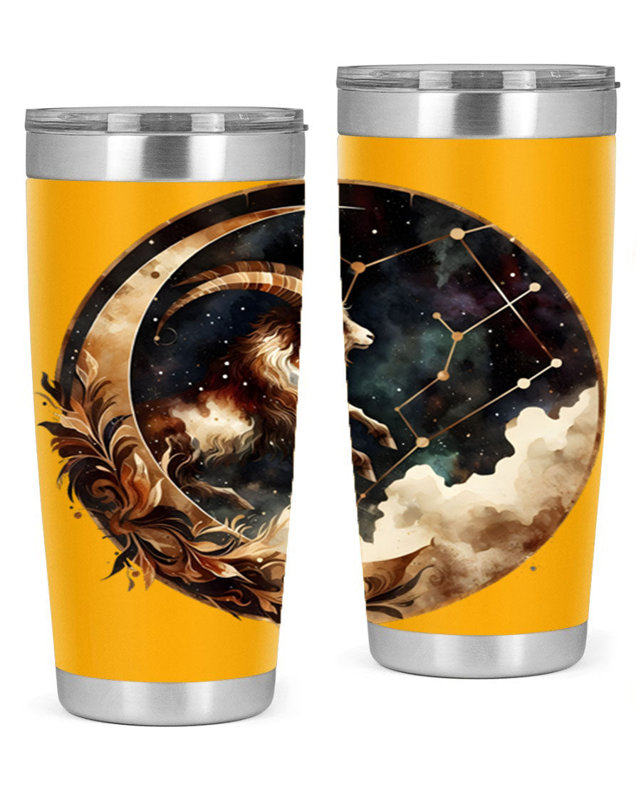 Aries 142# Zodiac Tumbler in stainless steel with a vibrant zodiac design, perfect for hot and cold beverages.