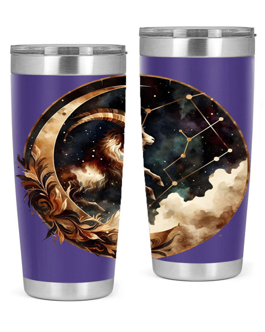 Aries 142# Zodiac Tumbler in stainless steel with a vibrant zodiac design, perfect for hot and cold beverages.