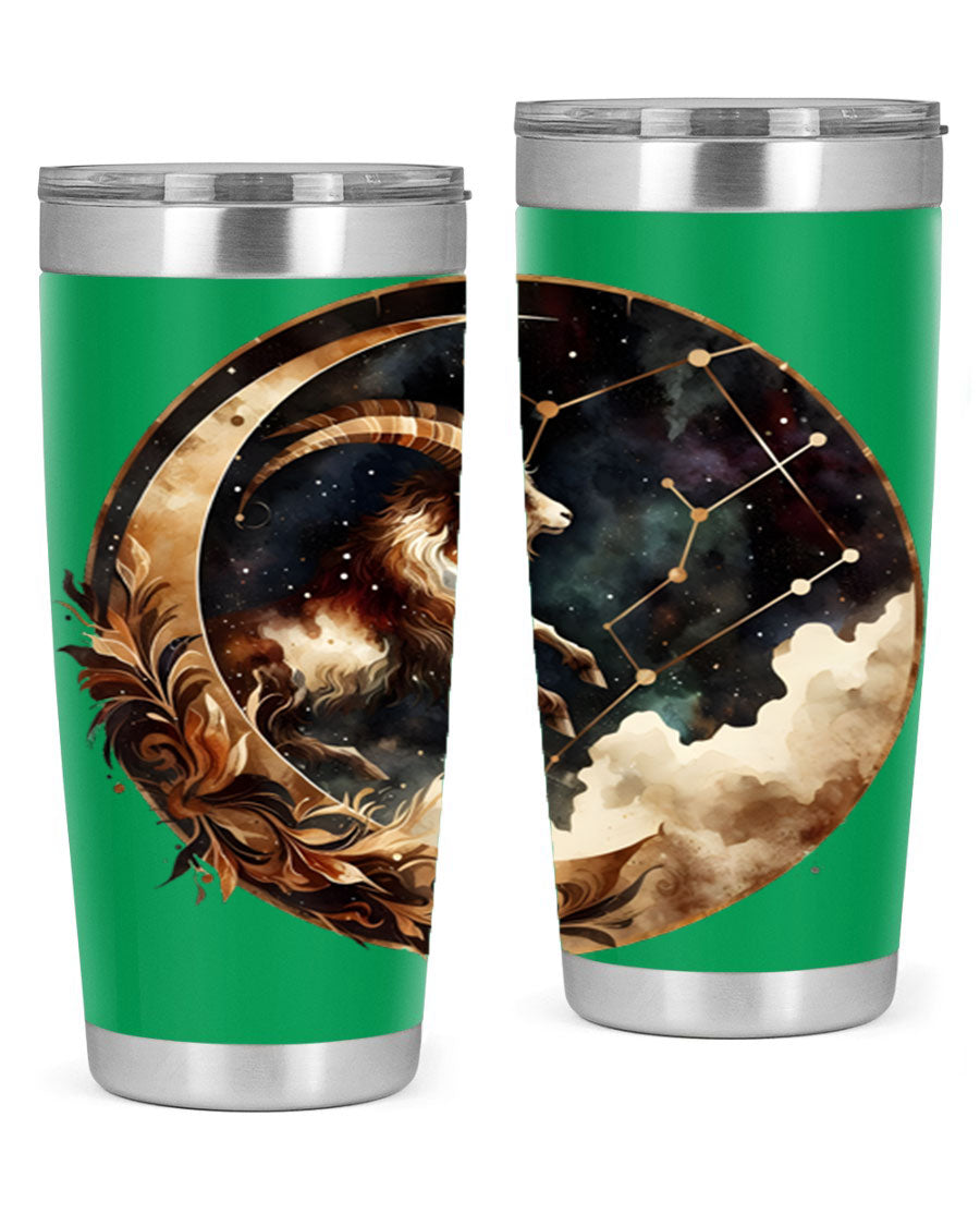 Aries 142# Zodiac Tumbler in stainless steel with a vibrant zodiac design, perfect for hot and cold beverages.