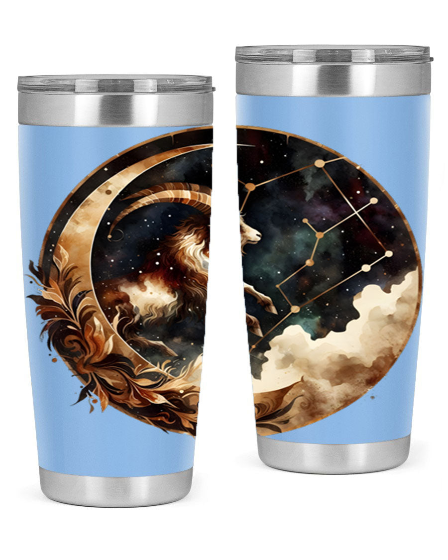 Aries 142# Zodiac Tumbler in stainless steel with a vibrant zodiac design, perfect for hot and cold beverages.