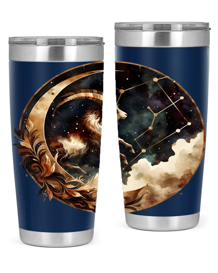 Aries 142# Zodiac Tumbler in stainless steel with a vibrant zodiac design, perfect for hot and cold beverages.