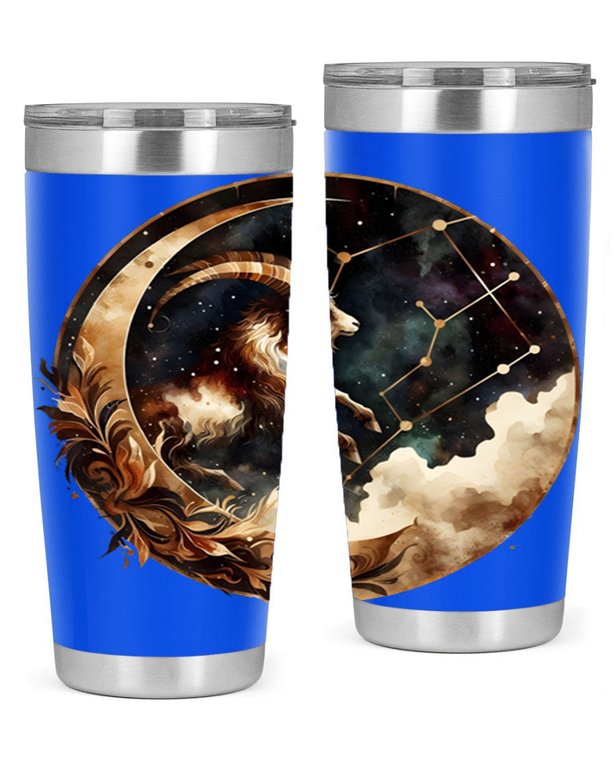 Aries 142# Zodiac Tumbler in stainless steel with a vibrant zodiac design, perfect for hot and cold beverages.