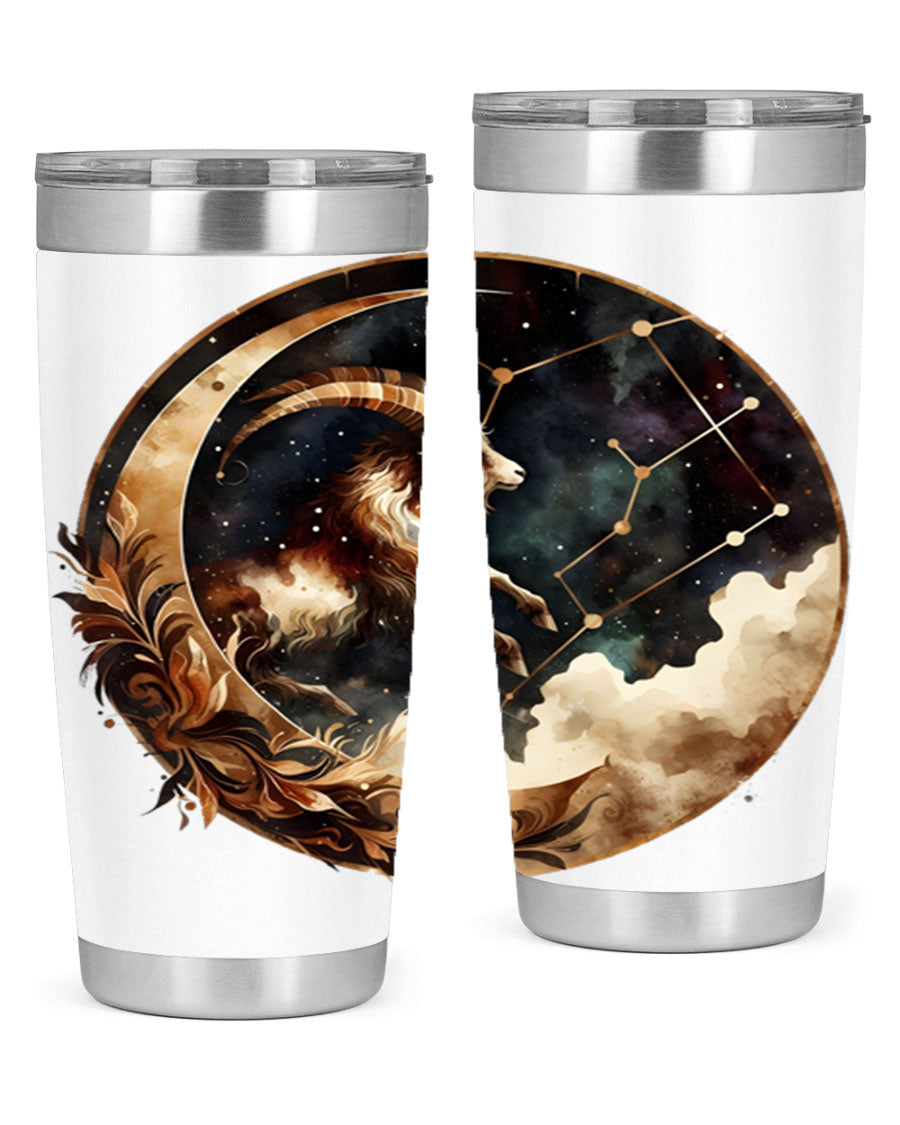 Aries 142# Zodiac Tumbler in stainless steel with a vibrant zodiac design, perfect for hot and cold beverages.