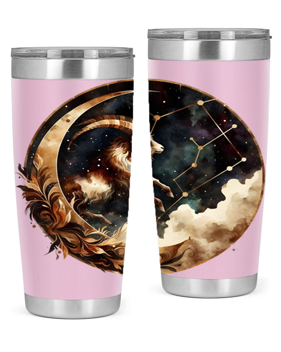 Aries 142# Zodiac Tumbler in stainless steel with a vibrant zodiac design, perfect for hot and cold beverages.