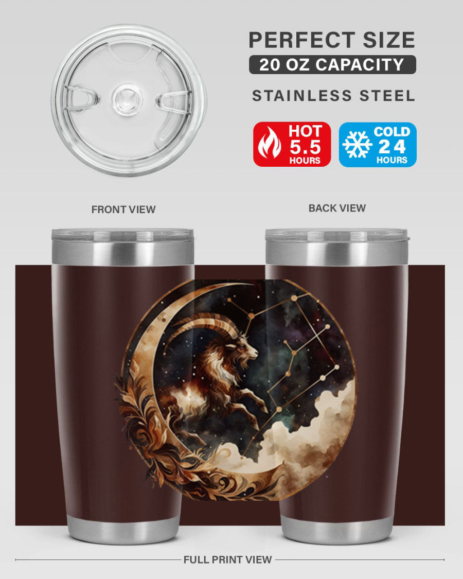 Aries 142# Zodiac Tumbler in stainless steel with a vibrant zodiac design, perfect for hot and cold beverages.