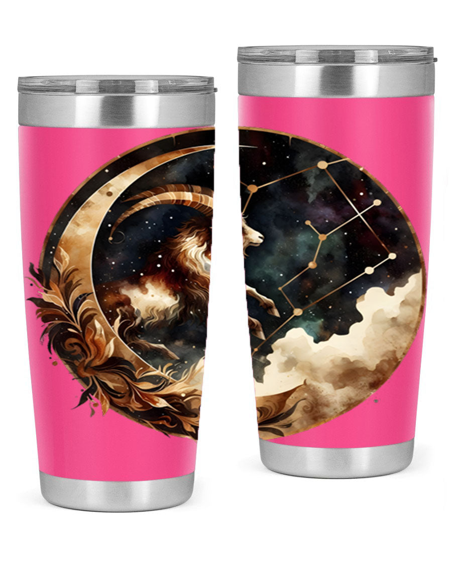 Aries 142# Zodiac Tumbler in stainless steel with a vibrant zodiac design, perfect for hot and cold beverages.