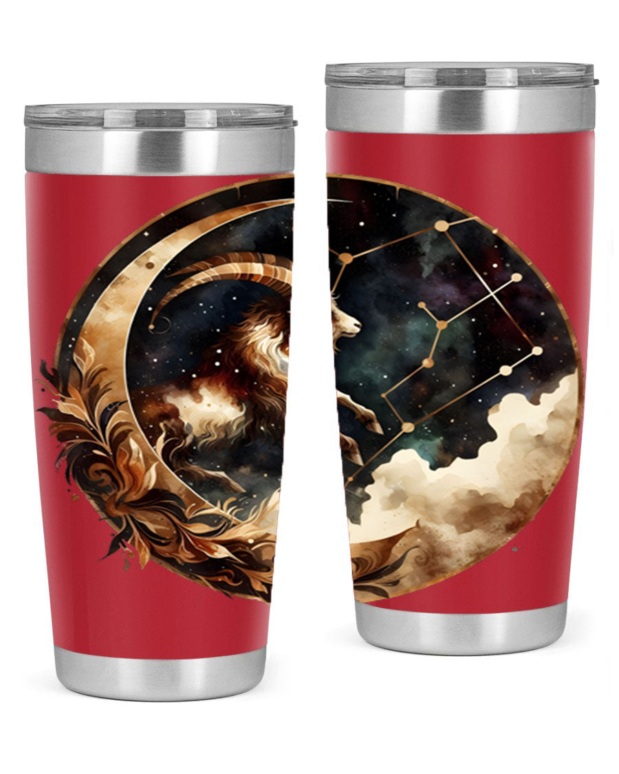 Aries 142# Zodiac Tumbler in stainless steel with a vibrant zodiac design, perfect for hot and cold beverages.