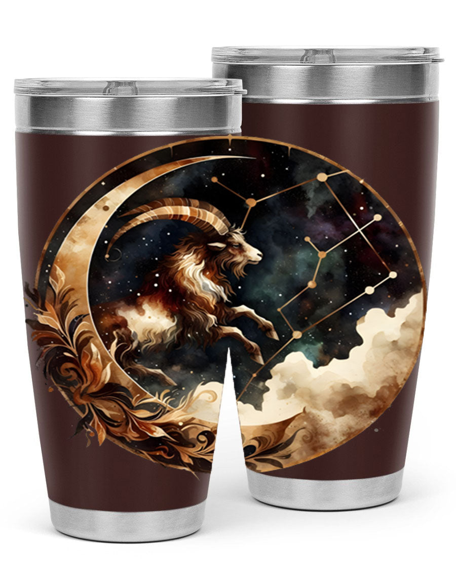 Aries 142# Zodiac Tumbler in stainless steel with a vibrant zodiac design, perfect for hot and cold beverages.