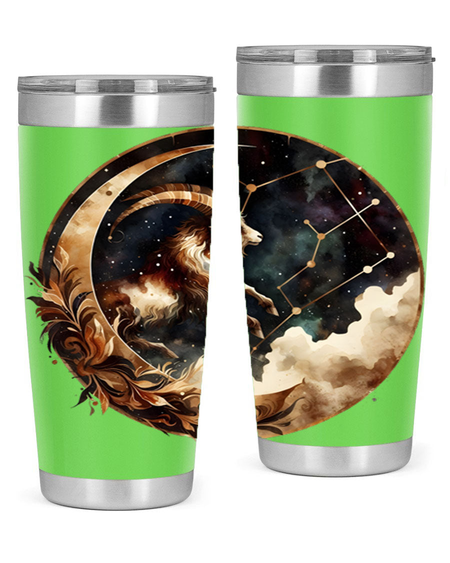 Aries 142# Zodiac Tumbler in stainless steel with a vibrant zodiac design, perfect for hot and cold beverages.
