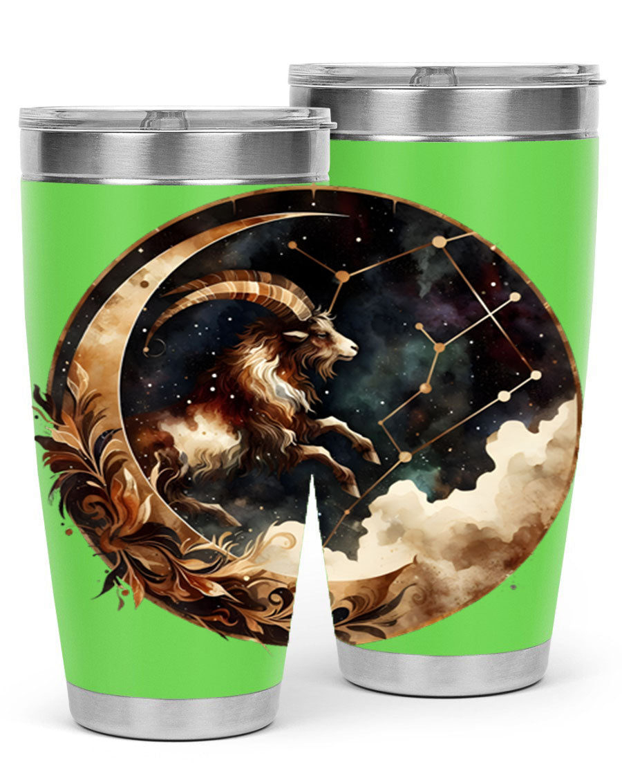Aries 142# Zodiac Tumbler in stainless steel with a vibrant zodiac design, perfect for hot and cold beverages.