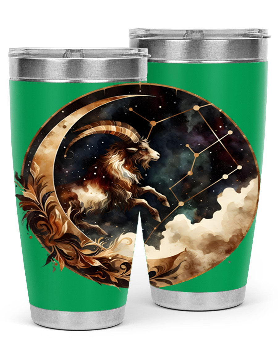Aries 142# Zodiac Tumbler in stainless steel with a vibrant zodiac design, perfect for hot and cold beverages.