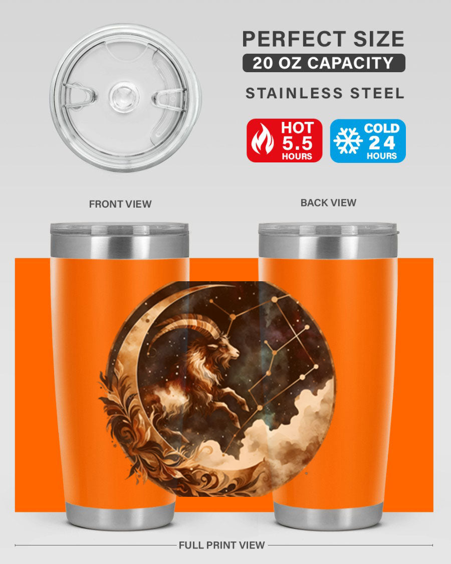 Aries 142# Zodiac Tumbler in stainless steel with a vibrant zodiac design, perfect for hot and cold beverages.