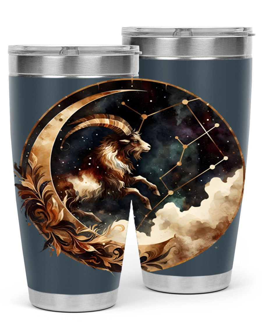Aries 142# Zodiac Tumbler in stainless steel with a vibrant zodiac design, perfect for hot and cold beverages.