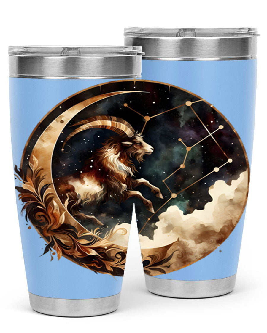 Aries 142# Zodiac Tumbler in stainless steel with a vibrant zodiac design, perfect for hot and cold beverages.