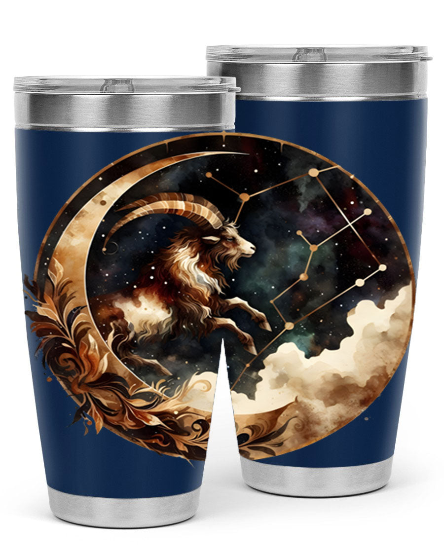 Aries 142# Zodiac Tumbler in stainless steel with a vibrant zodiac design, perfect for hot and cold beverages.