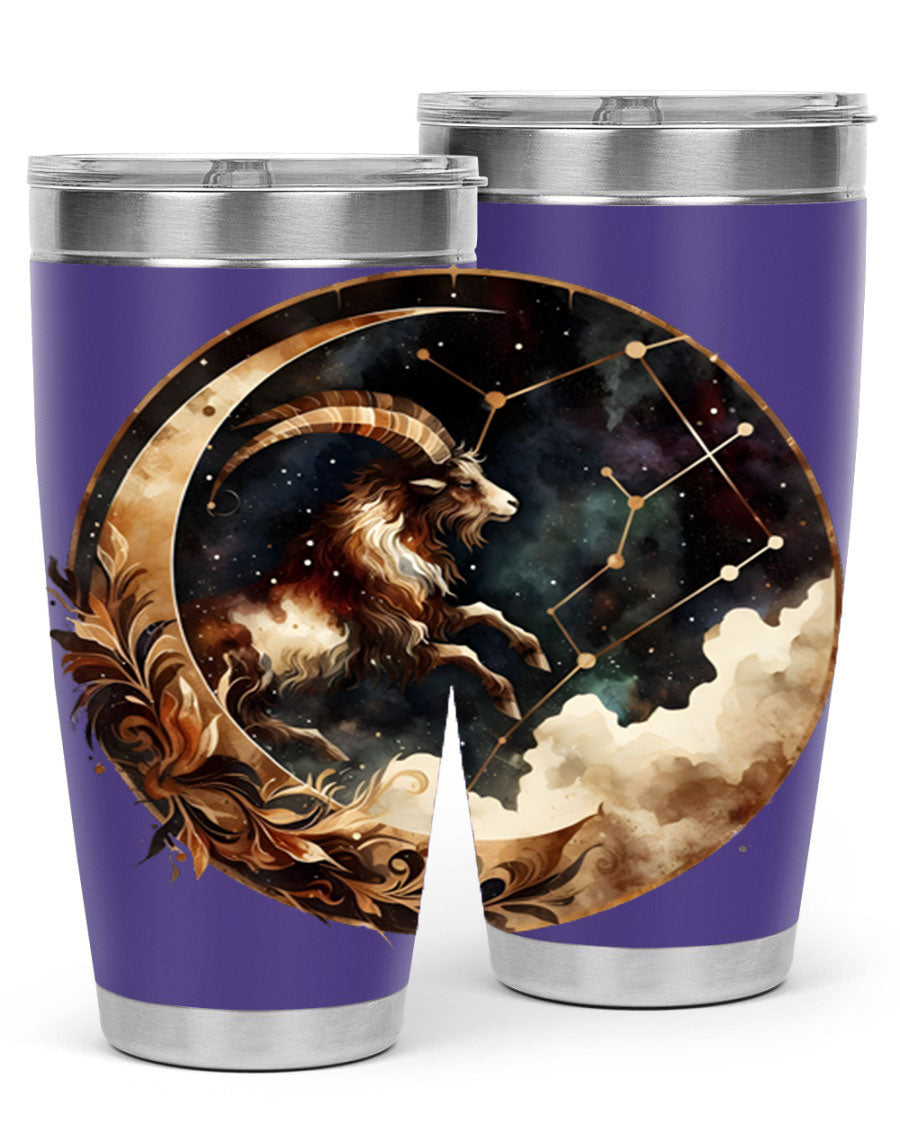 Aries 142# Zodiac Tumbler in stainless steel with a vibrant zodiac design, perfect for hot and cold beverages.