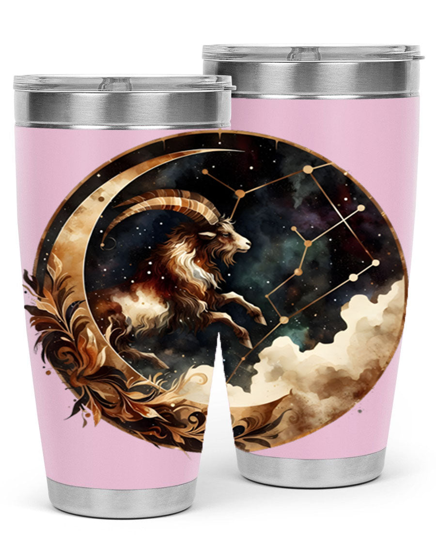 Aries 142# Zodiac Tumbler in stainless steel with a vibrant zodiac design, perfect for hot and cold beverages.