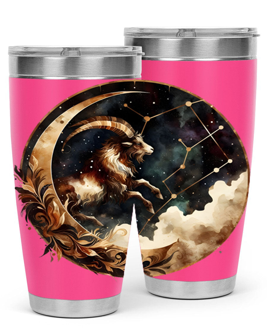 Aries 142# Zodiac Tumbler in stainless steel with a vibrant zodiac design, perfect for hot and cold beverages.
