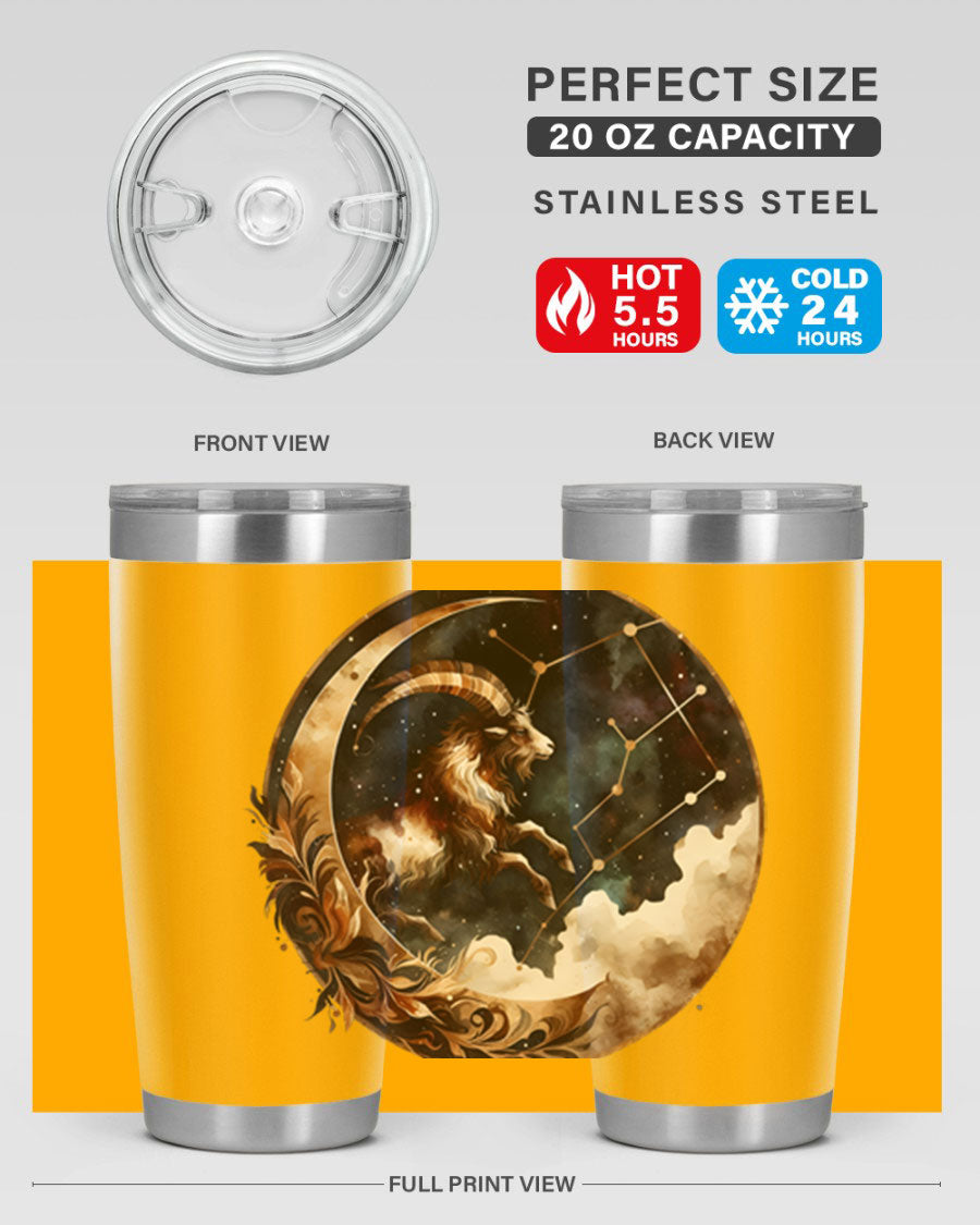 Aries 142# Zodiac Tumbler in stainless steel with a vibrant zodiac design, perfect for hot and cold beverages.
