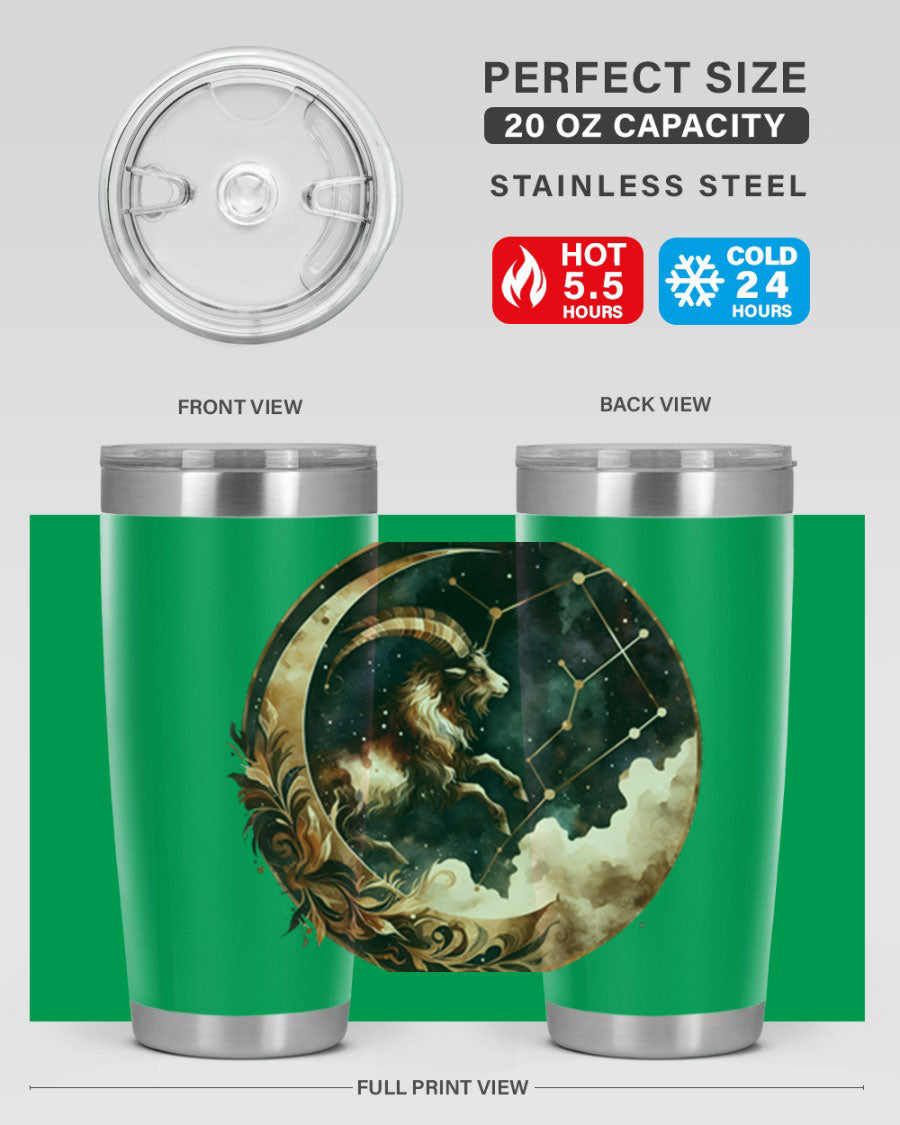 Aries 142# Zodiac Tumbler in stainless steel with a vibrant zodiac design, perfect for hot and cold beverages.