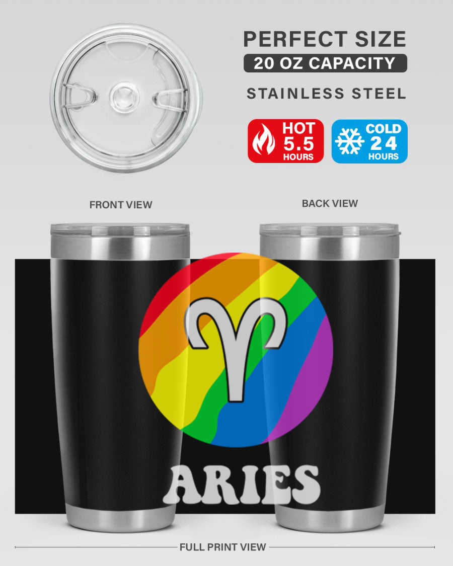 Aries LGBT Pride Tumbler in vibrant colors, showcasing its double wall vacuum stainless steel design and drink-thru lid.