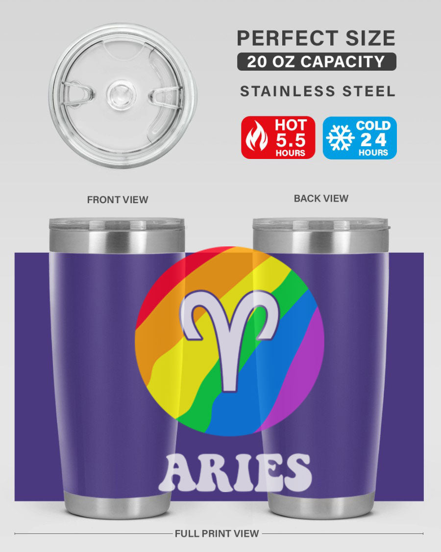 Aries LGBT Pride Tumbler in vibrant colors, showcasing its double wall vacuum stainless steel design and drink-thru lid.