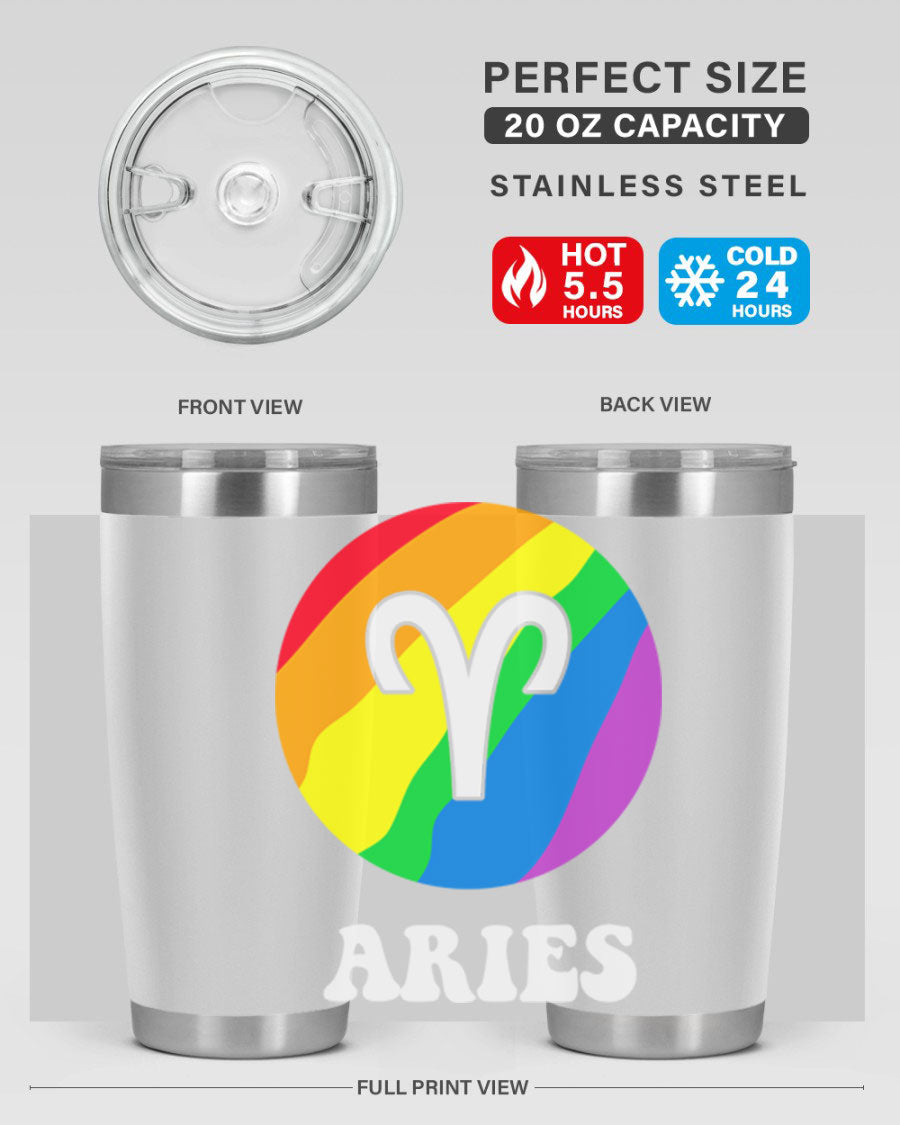 Aries LGBT Pride Tumbler in vibrant colors, showcasing its double wall vacuum stainless steel design and drink-thru lid.