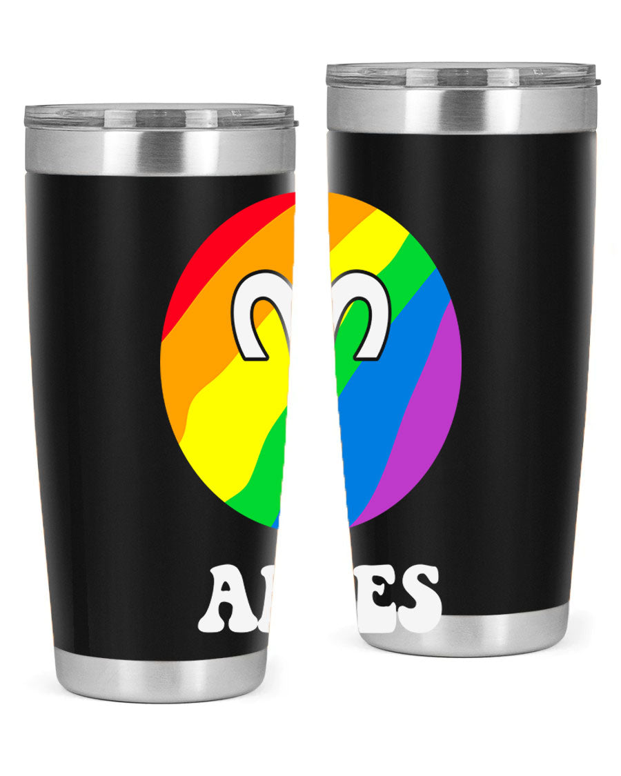 Aries LGBT Pride Tumbler in vibrant colors, showcasing its double wall vacuum stainless steel design and drink-thru lid.