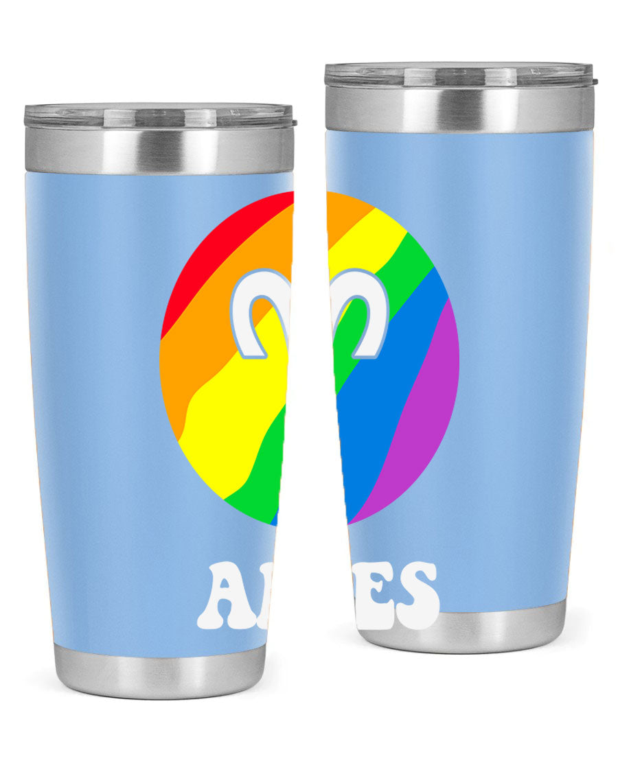 Aries LGBT Pride Tumbler in vibrant colors, showcasing its double wall vacuum stainless steel design and drink-thru lid.